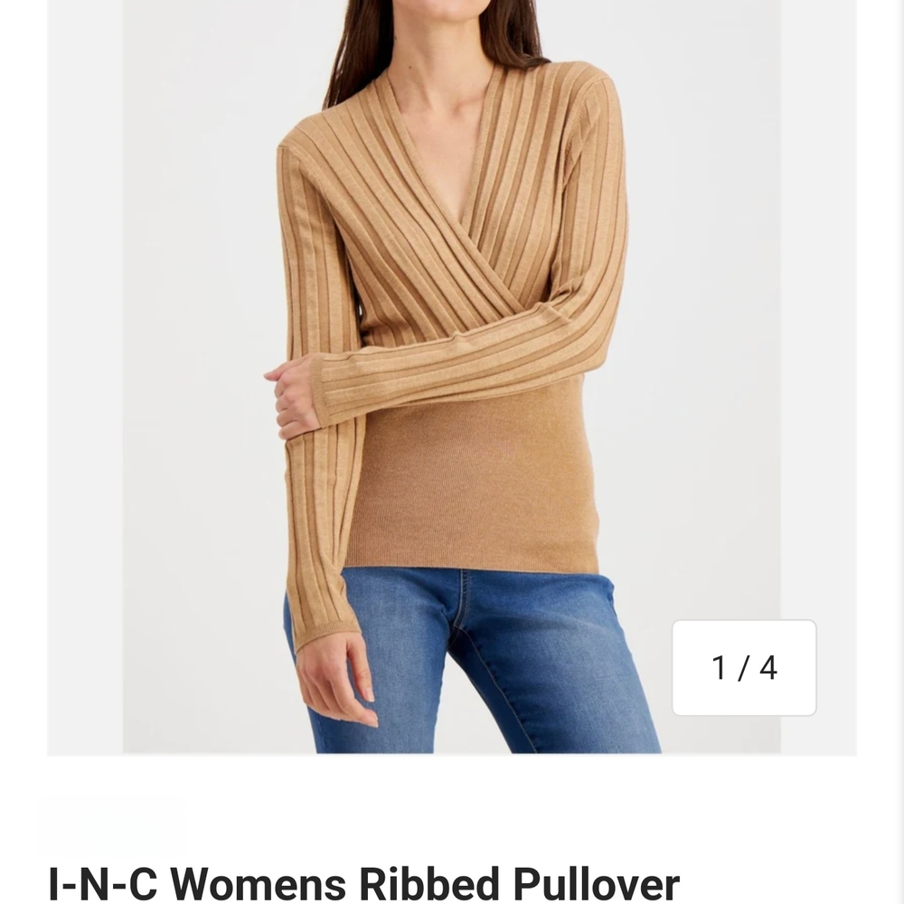 INC International Concepts Tan V-Neck Ribbed Sweater